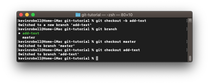 Console window showing how to create a new branch using the git checkout -b <branch name> command.