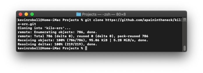 Console window showing how to clone a repository using the git clone command.