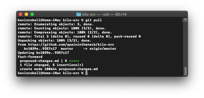 Console window showing how to pull from a remote repository using the git pull command.