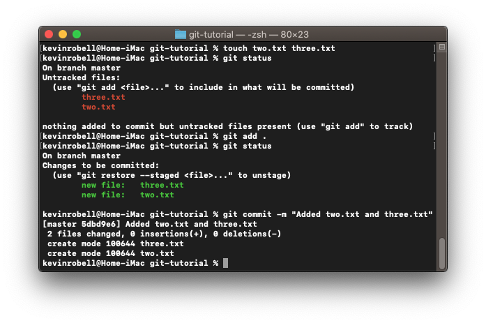 Console window showing how to add all untracked files using the git add . command and commit using the git commit -m 'commit message' command.